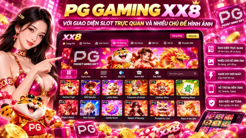 PG Gaming XX8 với giao diện slot trực quan và nhiều chủ đề hình ảnh