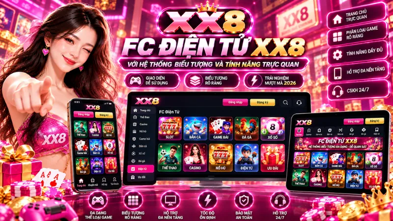 FC Điện Tử XX8 với hệ thống trò chơi và biểu tượng được sắp xếp rõ ràng