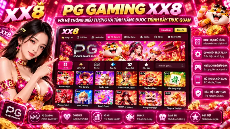 PG Gaming XX8 với hệ thống biểu tượng và tính năng được trình bày trực quan